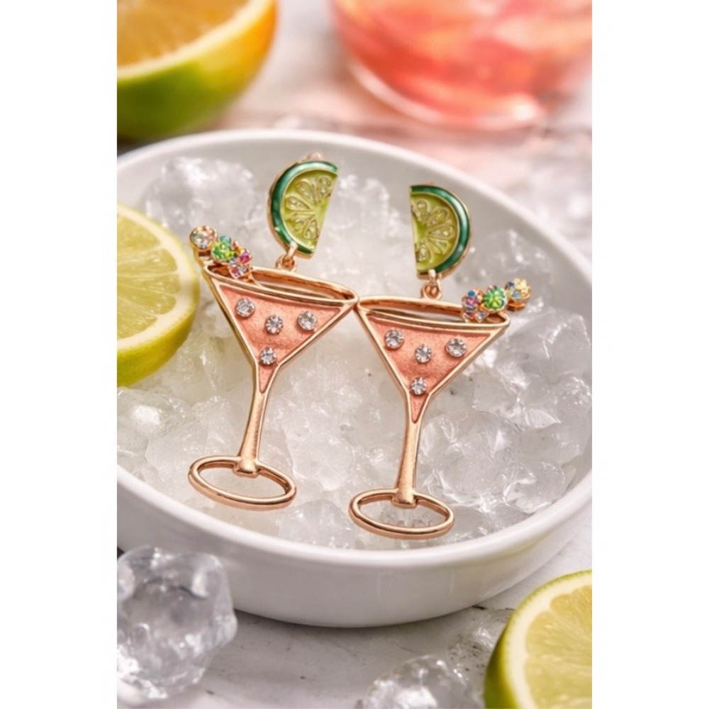 Martini Earrings Rhinestone Lime Cocktail Glass Vegas Party Statement Gold Tone‎